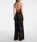 Exquisite Open Back Paulownia Palm Print Satin Two Piece Suit