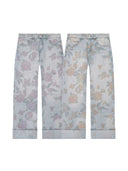 Floral Print Wide Leg Cuffed Jeans