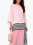 Unique Satin Striped Contrast Bat Sleeve Midi Dress