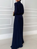 Elegant High Neck Pleated Cape Sleeve Maxi Dress