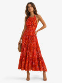 Elegant Halter Neck Abstract Print Tiered Maxi Dress