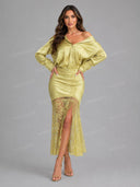 Elegant Satin Off Shoulder Blouse & Lace Midi Skirt Set