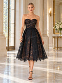 Exquisite Black Off-Shoulder Mesh Lace Cutout Midi Dress