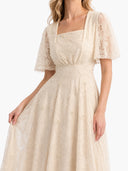 Elegant Square Neck Sheer Tulle Floral Embroidered Maxi Dress