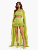 Elegant Feather Trim Sheer Cape Cover-Up Three-Piece Set