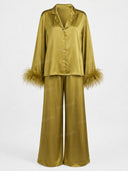 Elegant Satin Feather-Trim Flared Sleeve Two-Piece Set
