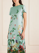 Retro Chic Printed Feather Trim Maxi Dress