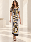 Retro Geometric Ethnic Print Short Sleeve Straight Maxi Dress