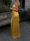 Elegant Strapless Ruched Fringe Maxi Dress