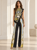 Retro Geometric Print Tassel Trim Asymmetric Top & Pants Two-Piece Set