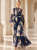 Elegant Abstract Floral Print Sheer Chiffon Maxi Dress
