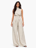 Elegant Linen High-Neck Top & Wide-Leg Pants Two-Piece Set