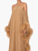 Elegant Halter Off-Shoulder Feather-Trim Maxi Evening Dress
