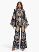 Retro Baroque Print High Neck Batwing Sleeve Two-Piece Set