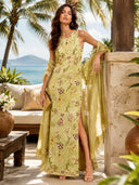 Elegant Botanical Print Sleeveless Midi Dress Two-Piece Set