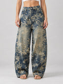 Floral Print Washed Denim Barrel Leg Jeans
