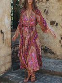 Retro Paisley Print Tie-Waist Maxi Dress