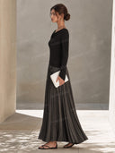 Draped Neck Long Sleeve Pleated Maxi Dress
