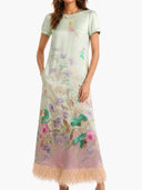 Pastel Floral Print Feather Trim Maxi Dress