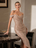 Elegant Sequin Off-Shoulder Asymmetric Party Midi Dress