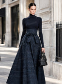 Exquisite High-neck Stretch Top And Plaid Skirt Two-piece Set