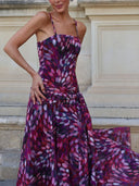Elegant Abstract Print Ruched Spaghetti Strap Maxi Dress