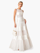 Elegant Sleeveless Layered Tulle Satin Pleated Maxi Dress
