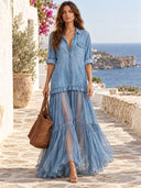 Classic Denim Ruffle Romantic Maxi Dress