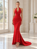 Elegant Halter Neck Ruched Mermaid Maxi Dress