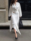Minimalist Knit Top & Asymmetrical Button Skirt Two-Piece Set