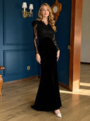 Vintage Black Velvet Lace Sleeves Evening Dress