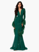 Elegant V-Neck Feather Cuff Chiffon Flowing Party Maxi Dress