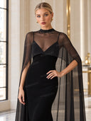 Sexy Black V-neck Sleeveless Sheer Fit Shawl-Style Spaghetti Strap Maxi Dress