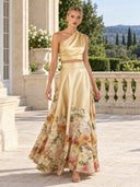 Elegant One-Shoulder Satin Crop Top & Floral Print Maxi Skirt Set