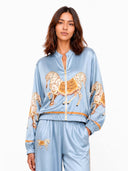 Exquisite Satin Horse Print Zip-Up Shirt