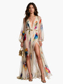 Deep V-Neck Puff Sleeve Printed Maxi Dress