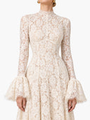 Elegant High Neck Floral Lace Flare Sleeve Maxi Dress
