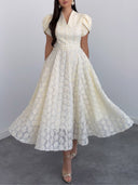 Elegant Floral Textured Puff Sleeve Midi Dress