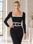 Elegant Black And White Trim Square Neck Long Sleeve Tight Maxi Dress