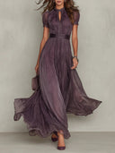Elegant Lace Trim Pleated Chiffon Maxi Dress