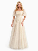 Elegant Square Neck Sheer Tulle Floral Embroidered Maxi Dress