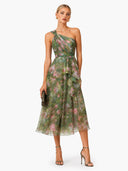 Elegant Floral Print One-Shoulder Chiffon Ruffle Midi Cocktail Dress