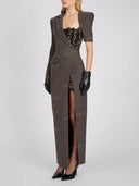 Elegant Lace Panel Blazer Maxi Dress