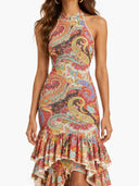 Colorful  Paisley Print Ruffled Hem Halter Midi Dress
