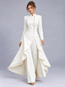 Elegant Mandarin Collar High-Low Jacket & Pants Two Piece Set