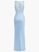 Elegant Blue Embroidery Satin Crew Neck Sleeveless Sheath Maxi Dress