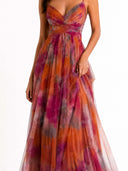 Elegant Painted Floral Print V-Neck A-Line Maxi Dress