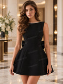 Elegant Pearl Bow Fitted Mini Dress