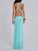 Elegant Rhinestone Halter Cutout Draped Maxi Dress
