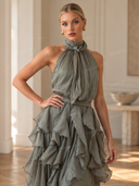 Elegant Halter Neck Ruffle Chiffon Flowy Maxi Dress